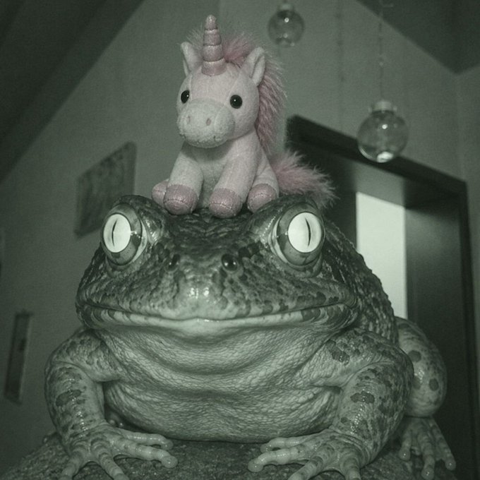 Surreal image of a large toad with a small pink unicorn plush toy sitting on its head, lit by hanging lightbulbs.