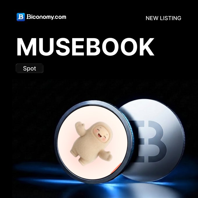 A promotional graphic for Biconomy.com announcing a new spot listing for the cryptocurrency "MUSEBOOK," featuring a 3D coin with a plush character mascot.