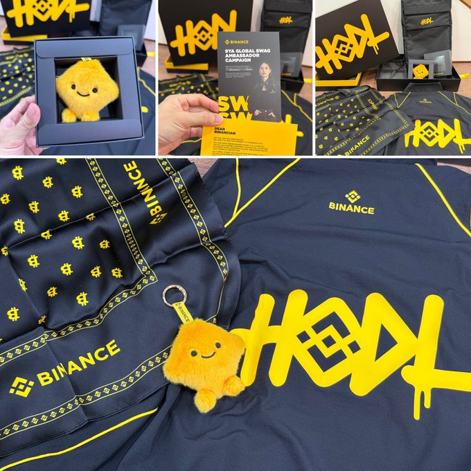 A collage of Binance 'SYA Global Swag Ambassador Campaign' merchandise, featuring a yellow plush mascot, black and yellow branded apparel with graffiti-style text, and a campaign information card.