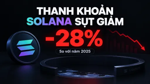 A financial graphic announcing 'THANH KHOẢN SOLANA SỤT GIẢM -28%' (Solana liquidity drops -28%) 'So với năm 2025' (Compared to 2025), featuring the Solana logo and a downward trending chart.