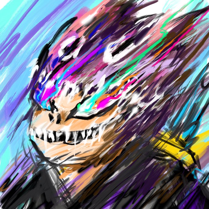 A vibrant digital painting depicts an anime-style character with a wide, toothy grin, rendered with energetic, chaotic brushstrokes in a mix of purple, blue, pink, green, and yellow colors.