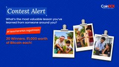 A CoinEx contest ad announces "What's the most valuable lesson you've learned from someone around you?" alongside photos of people interacting, offering "20 Winners: £1,000 worth of Bitcoin each." The post reflects this theme by celebrating teachers as anyone who imparts life lessons, drawing a parallel between personal mentors and the patience and resilience required to learn in crypto.