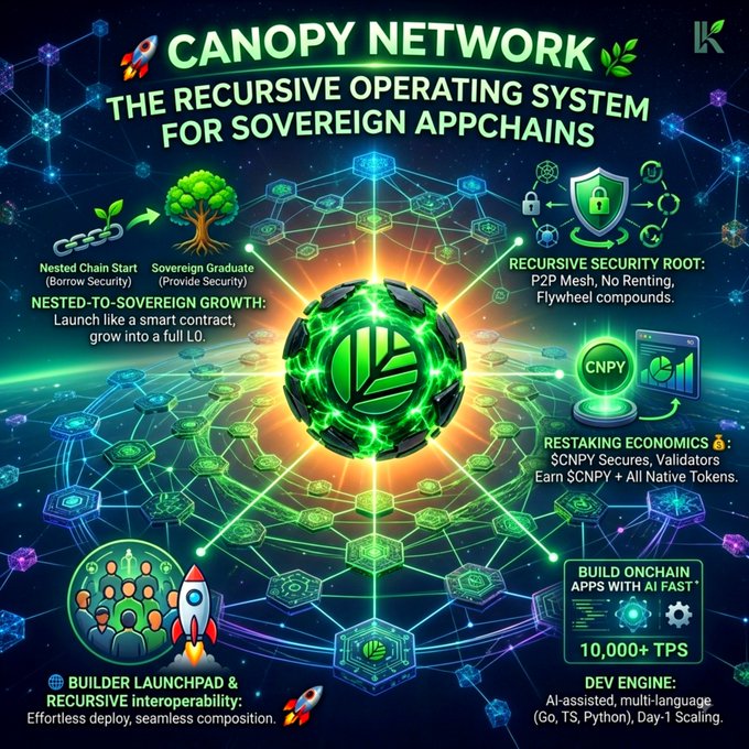 Promotional graphic for "CANOPY NETWORK: THE RECURSIVE OPERATING SYSTEM FOR SOVEREIGN APPCHAINS" featuring features like Nested Chain Start, Recursive Security Root, Restaking Economics, and Builder Launchpad, with a central green leaf logo.
