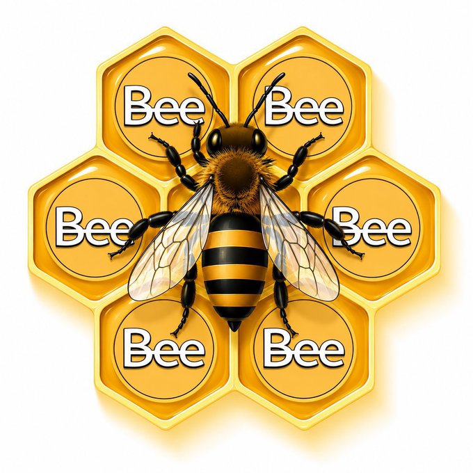 A cartoon bee sits centered atop a cluster of golden honeycomb cells, each labeled "Bee," visually reinforcing the brand identity for the Bee Network P2P launch update. The honeycomb imagery symbolizes the community-driven, interconnected nature of the upcoming peer-to-peer platform.