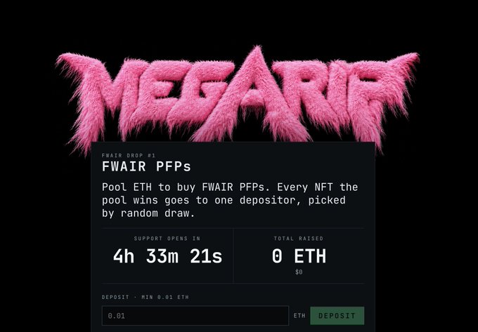 The image shows the "MEGARIA" website with a pink furry logo and a "FWAIR PFPs" NFT drop card displaying a countdown timer of "4h 33m 21s" until support opens, a "0 ETH" total raised, and a minimum deposit of 0.01 ETH. The post suggests the creator is reconsidering their initial random distribution model—where every NFT won by the pool would go to one depositor picked by random draw (as shown in the image)—in favor of an auction format based on community feedback.