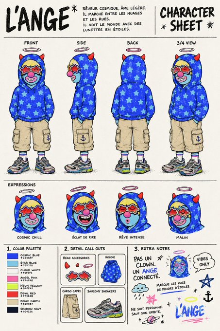 A character sheet titled "L'ANGE" displays a clown-themed figure in a blue starry hoodie from multiple angles, including color palette and expression details.