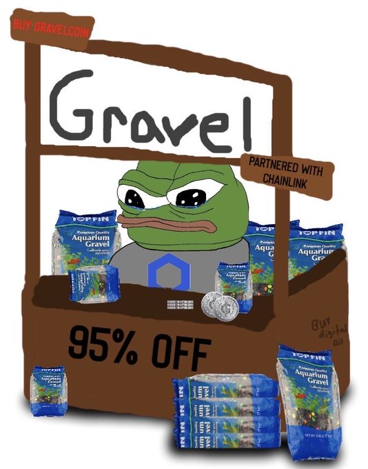 A Pepe the Frog meme parody advertises 'Gravelcoin' partnered with Chainlink, showing bags of Top Fin aquarium gravel with a '95% OFF' sign.