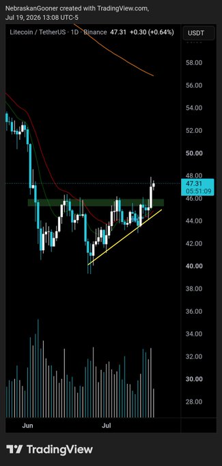A TradingView candlestick chart for Litecoin/USDT (LTCUSDT) on Binance shows the price at $47.31 (+0.64%), depicting a recent breakout from a consolidation zone near $45 toward resistance around $48. The chart illustrates the bullish structure referenced in the post, with price climbing out of an ascending triangle pattern toward overhead supply.