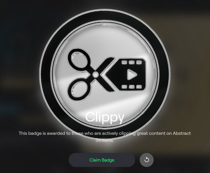 A digital silver badge featuring a scissors and film strip icon with the text 'Clippy' below it, stating 'This badge is awarded to those who are actively clipping great content on Abstract Streams,' with a 'Claim Badge' button.