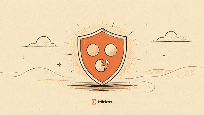 A minimalist illustration on a beige background featuring an orange shield with a three-circle Pac-Man-like face, labeled "Miden" at the bottom.