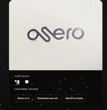 A digital artwork generation screen shows the 'osero' logo with buttons labeled 'Share on X', 'Download your art', and 'Return to Osero' against a confetti-sprinkled background.