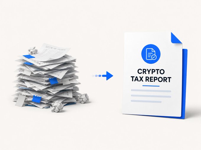 A disorganized pile of messy paperwork and crumpled papers transforms via an arrow into a clean, organized "CRYPTO TAX REPORT" document, illustrating how the TaxLyst service simplifies cryptocurrency tax filing for free. The visual contrast between chaos and order reinforces the post's message about effortless, zero-cost tax report generation through taxlyst.wazirx.com.