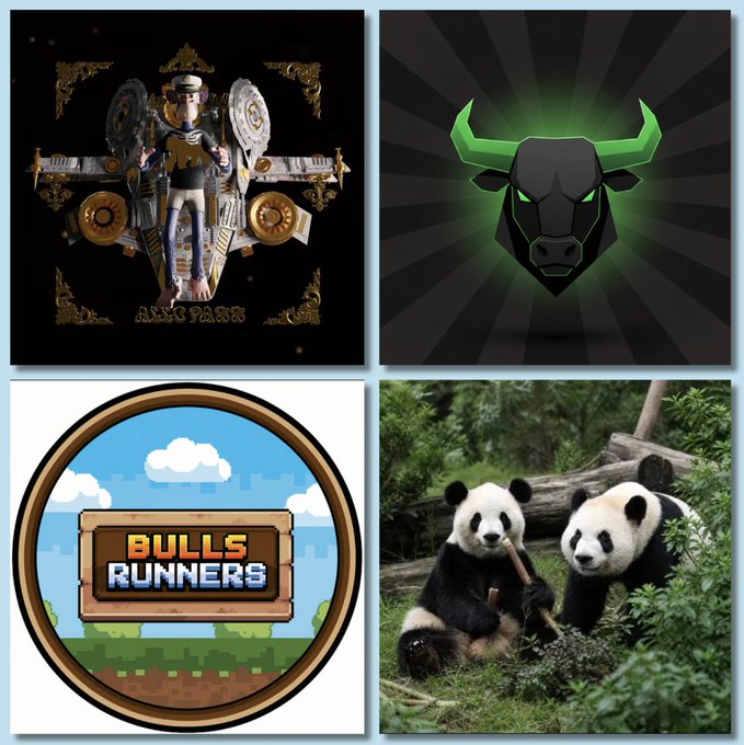 A collage of four images including a steampunk-style character labeled 'ANNO PANINI', a green bull's head logo, a pixel-art logo reading 'BULLS RUNNERS', and two pandas eating bamboo in the wild.