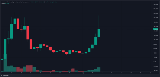 A TradingView candlestick chart for CASHCAT (CAPA/USDT) on Coinbase shows a dramatic price spike to ~163.92 USDT on August 7th after a prolonged consolidation around $20-40, visually supporting the poster's claim that CASHCAT "threw a pin at 210M" market cap before retracing.