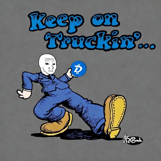 The image features a cartoon character, possibly a man or a woman, dressed in blue overalls and holding a blue coin with a dollar sign on it. The text "Keep on truckin'!" is written above the character's head, and there are two other lines of text below that say "First rule of Byte-club: Ignore the FUD".