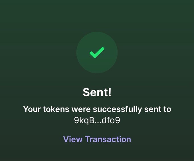 A dark green confirmation screen displaying a green checkmark with the text "Sent!" and "Your tokens were successfully sent to 9kqB...dfo9" above a "View Transaction" link.