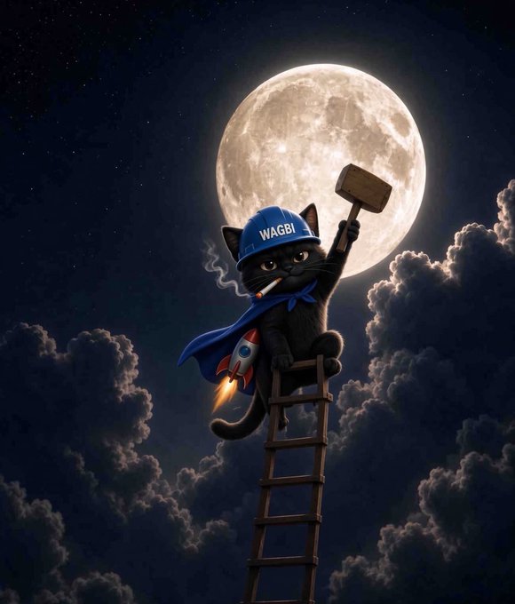 A digital illustration of a black cat wearing a blue hard hat labeled 'WAGBI' and a blue cape with a rocket, climbing a ladder toward a large moon while smoking a cigar.