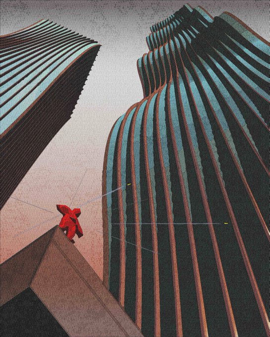 A stylized illustration of a red figure standing on a building ledge, looking up at towering skyscrapers with vertical stripes.