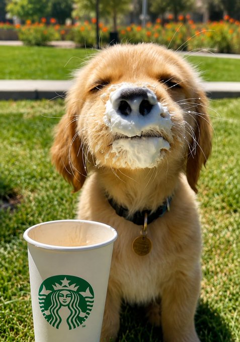 A golden retriever puppy sits on grass with a foamy milk mustache, looking up near a Starbucks paper cup, wearing a collar with a tag.