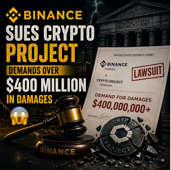 A dramatic graphic announcing 'BINANCE SUES CRYPTO PROJECT DEMANDS OVER $400 MILLION IN DAMAGES', featuring a court document showing Binance as plaintiff versus a crypto project defendant, alongside a gavel labeled 'BINANCE' and a shattered crypto coin emblem.