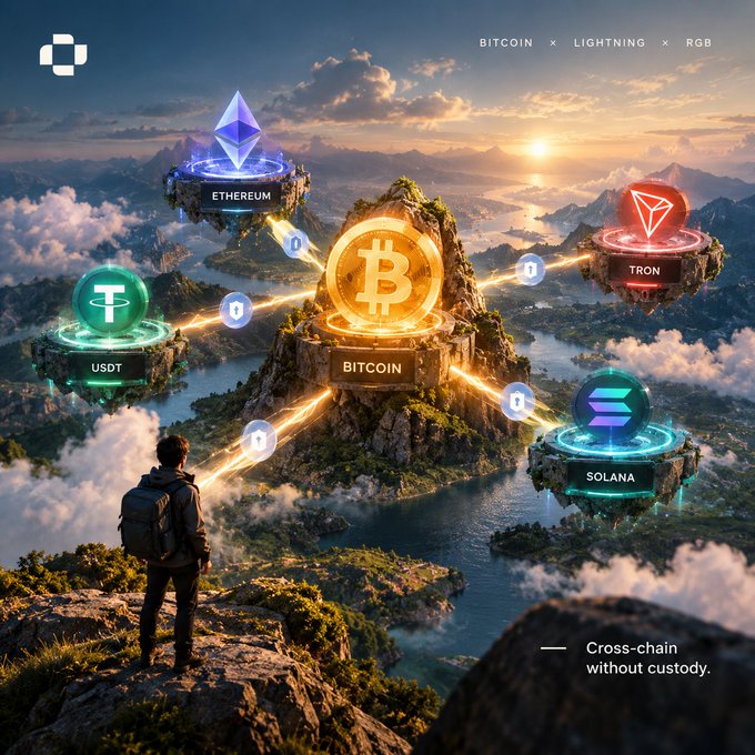 A fantasy digital artwork promoting Bitcoin, Lightning, and RGB cross-chain interoperability, depicting a person looking at floating cryptocurrency tokens (Bitcoin, Ethereum, USDT, TRON, Solana) connected across floating islands, with text reading 'Cross-chain without custody.'