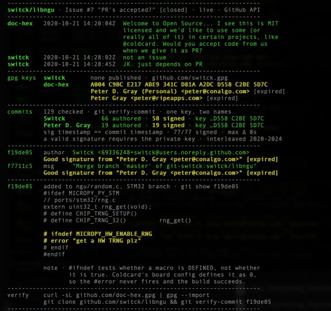 A terminal screenshot showing a GitHub issue thread on switch/libngu titled "PR's accepted?", where user "doc-hex" asks if the project accepts pull requests, and the response comes from "switch" (Peter D. Gray) declining, followed by cryptographic verification details including PGP keys, commit checks, and code referencing Coldcard hardware RNG integration—illustrating a self-conversation under different usernames as described in the caption.