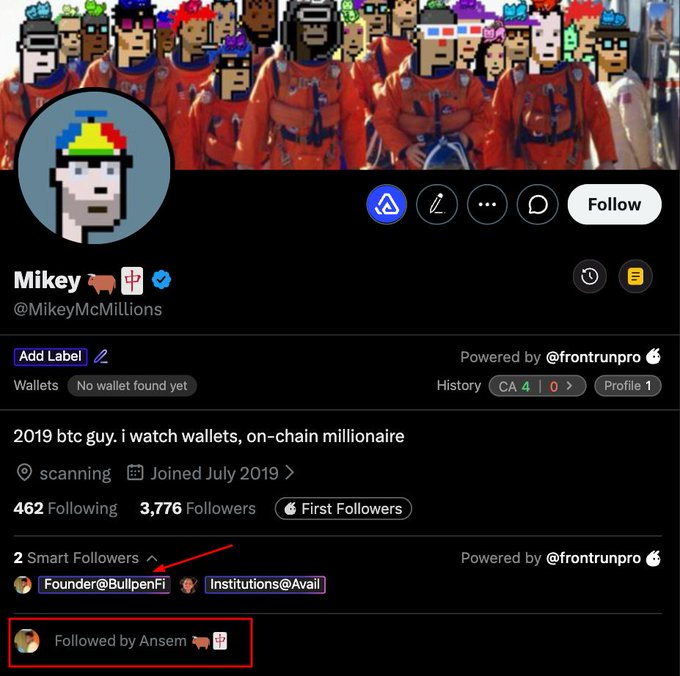 The image shows a Twitter profile for "Mikey" (@MikeyMcMillions) with a bio describing themselves as a "2019 BTC guy" and "on-chain millionaire," featuring annotations highlighting notable followers including "Founder@BullpenFi," "Institutions@Avail," and "Followed by Ansem."

The profile screenshot serves as credibility proof for the giveaway post, showcasing Mikey's verified status, significant following (3,776 followers), and notable connections like Ansem to lend legitimacy to the $15 SOL giveaway request.