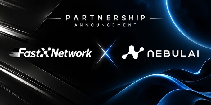 The image displays a "Partnership Announcement" graphic featuring the FastX Network and Nebulai logos with an "X" between them, set against a dark cosmic background. This visual reinforces the post's announcement of FastX Network partnering with Nebulai to advance decentralized AI infrastructure.
