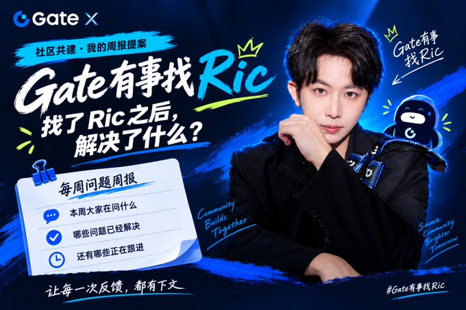 A promotional graphic for Gate X featuring a young man and the text 'Gate有事找Ric' (Gate has issues, find Ric) with Chinese promotional text about weekly community reporting.