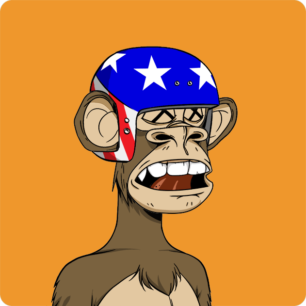 A cartoon illustration of a Bored Ape Yacht Club-style monkey wearing an American flag-themed helmet and dark sunglasses, smiling broadly against an orange background.