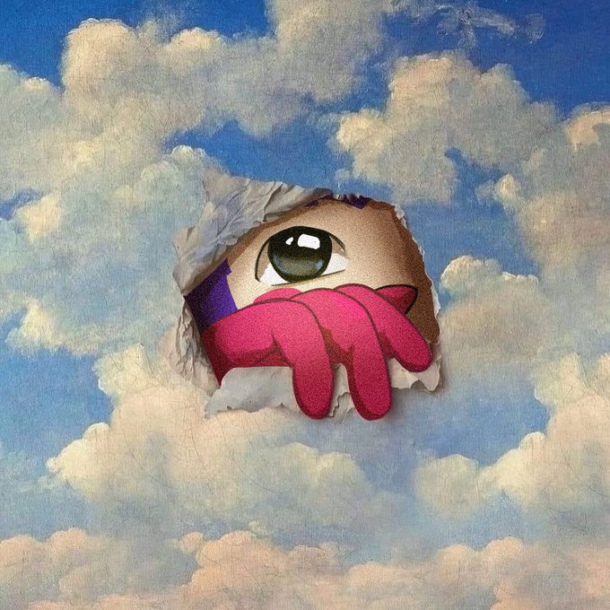 A surreal image of a tear in a cloudy sky revealing an anime-style eye and pink hand reaching through, set against a painted backdrop of clouds and blue sky.