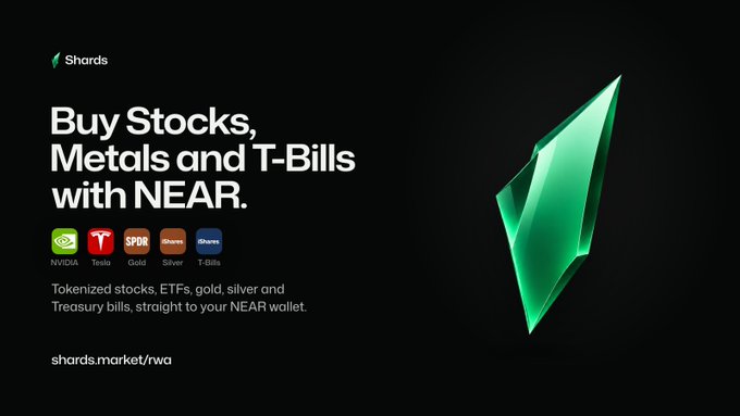 An advertisement for Shards promoting 'Buy Stocks, Metals and T-Bills with NEAR,' showing logos for NVIDIA, Tesla, SPDR Gold, GRAVEX Silver, and Shards T-Bills, directing to shards.market/rwa.