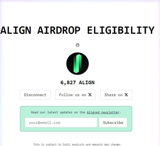 The image displays an "ALIGN AIRDROP ELIGIBILITY" page showing a wallet connected with a balance of 6,827 ALIGN tokens, along with options to disconnect, follow on X, share on X, and subscribe to the Aligned newsletter. This relates to the post by directing users to community.alignedlayer.com to check their eligibility for the upcoming Align TGE on Base.