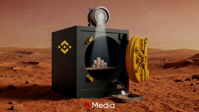 A Binance logo-branded black safe filled with gold and silver coins sits in a desert landscape under a spotlight, representing the 'Media' at the bottom.