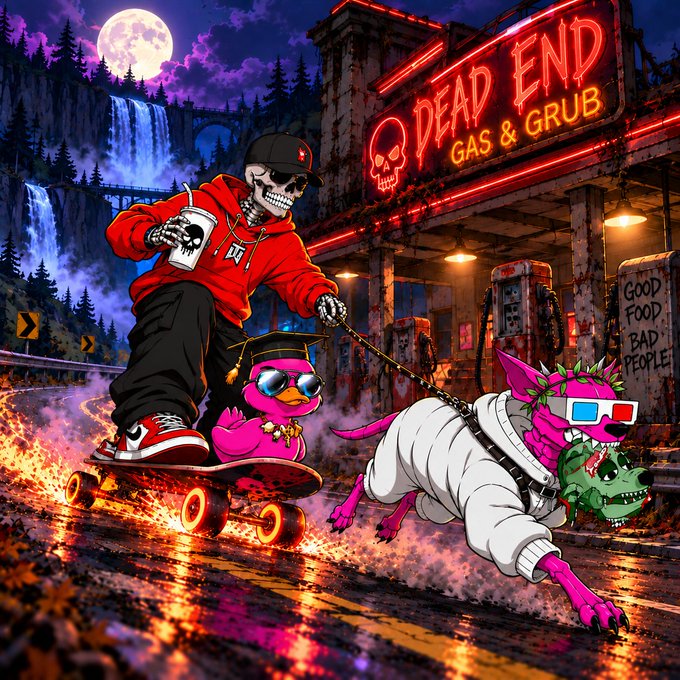 A vibrant, stylized digital illustration shows a skeleton in a red DC hoodie riding a flaming skateboard while holding a cup, being chased by a pink duck with a graduation cap and a pink dog-like creature wearing 3D glasses, set against a neon-lit "Dead End Gas & Grub" station with a "Good Food Bad People" sign.