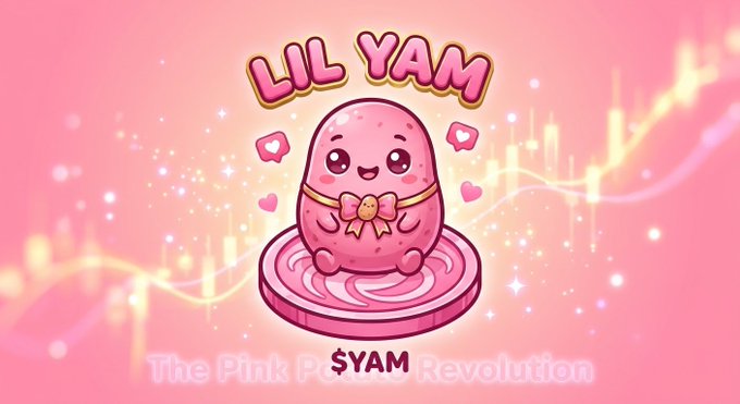A cute, cartoonish pink character resembling a sweet potato wearing a bow, sitting on a pink swirled base with the text 'LIL YAM' and 'The Pink Potato Revolution'.