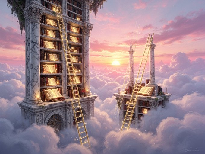 The image features a surreal scene with two towers, each topped with multiple books stacked on top of one another. The towers are made of stone and have columns at their base. The sky above them is filled with clouds, creating an atmosphere of mystery and wonder. The sun is setting in the background, casting a warm glow over the entire scene. The image also includes text that reads "JUNE AIART #AIart #JuneAI #AIartwork #AI #Privacy #Web3 #AskJuneAI #juneaiart" which may be related to the artist or the concept behind this surreal artwork.