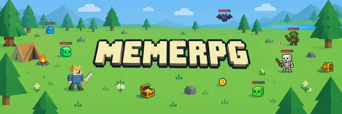 A pixel-art banner for 'MEMERPG' showing a green landscape with trees, a cat warrior with a sword, a slime, a bat, a skeleton, treasure chests, and a tent.