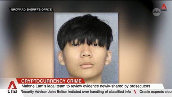 A CNA news broadcast screenshot shows a young man's mugshot under the headline 'CRYPTOCURRENCY CRIME' with text about 'BROWARD SHERIFF'S OFFICE' and 'Malone Lam's legal team to review evidence newly-shared by prosecutors.'