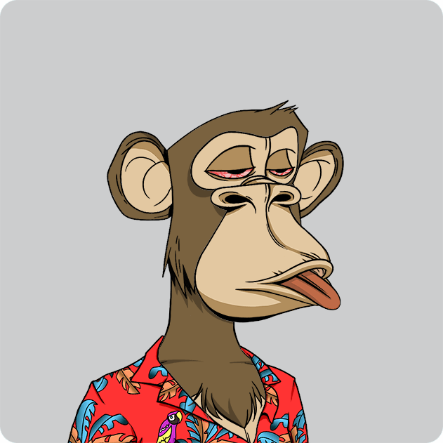 A digital illustration of a Bored Ape-style monkey with half-closed red eyes, wearing a red Hawaiian shirt patterned with sharks and leaves.
