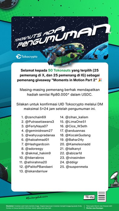 A Tokocrypto giveaway announcement congratulating 50 winners (25 from X and 25 from Instagram) of the "Moments in Motion Part 2" contest, who will each receive Rp80,000 in USDC. The image displays the full numbered list of winning handles and instructs winners to confirm their Tokocrypto UID via DM within 5x24 hours.