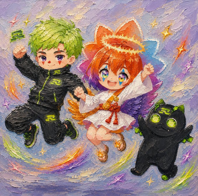 An anime-style digital painting of two cheerful characters—one with green hair in a black outfit and one with orange hair with a halo—alongside a small black cat-like creature.