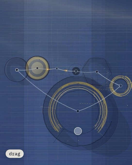 An abstract technical illustration on a blue grid background showing interconnected circles and geometric shapes in yellow, blue, and gray, with a 'drag' button visible.