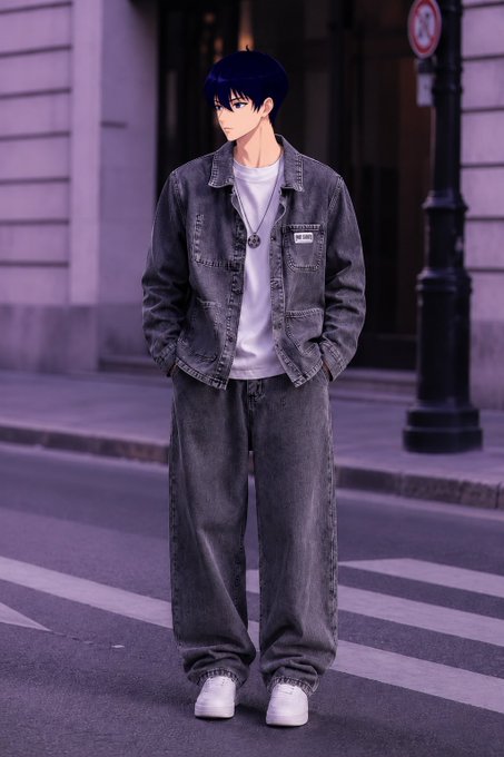 An anime-style illustration of a young man with dark blue hair, wearing a gray denim jacket, white t-shirt, and baggy jeans, standing on a crosswalk.