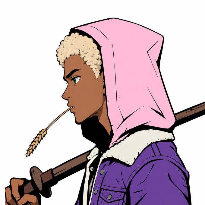An anime-style illustration depicts a character with dark skin, curly blonde hair, and a pink hood, wearing a purple jacket and holding a sword over their shoulder while chewing on a stalk of wheat.