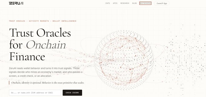 A website screenshot for ZeruAI titled 'Trust Oracles for Onchain Finance' with the navigation menu showing ZAPS, APPS, RESEARCH, BLOG, WHITEPAPER, and Launch App.