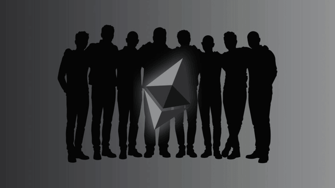 A silhouette of a group of seven people standing together against a gray gradient background, with a glowing Ethereum (ETH) logo superimposed over the center of the group.