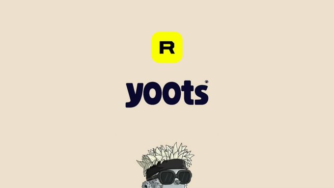 The image features the y00ts logo with a yellow "R" icon above it, alongside a stylized illustrated character wearing sunglasses and a floral crown, all set against a cream background—visually announcing the y00ts NFT collection's arrival on the Rarible marketplace.