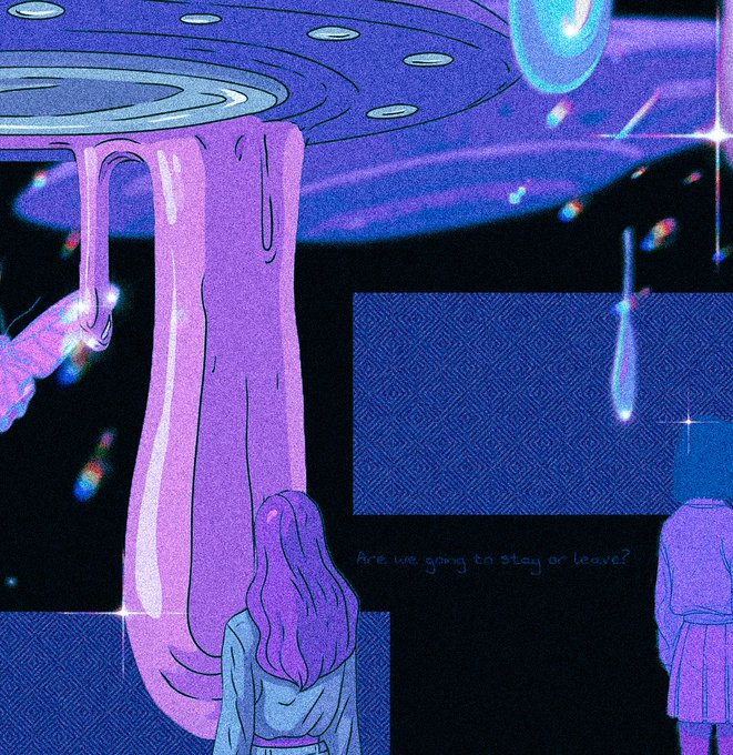 A digital illustration shows two figures with purple hair looking out into a starry purple night sky, featuring a large purple tree-like structure and a floating hand, with the text 'Are we going to stay or leave?' floating in the center.