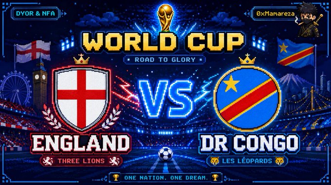 A 'World Cup Road to Glory' matchup graphic showing England (Three Lions) vs DR Congo (Les Léopards), featuring country flags and team crests with the slogan 'One Nation, One Dream.'